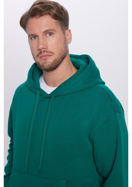 Unisex Oversize Geniş Kesim Pamuklu Yumuşak Dokulu Içi Polarlı Basic Haki Kapüşonlu Swetshirt