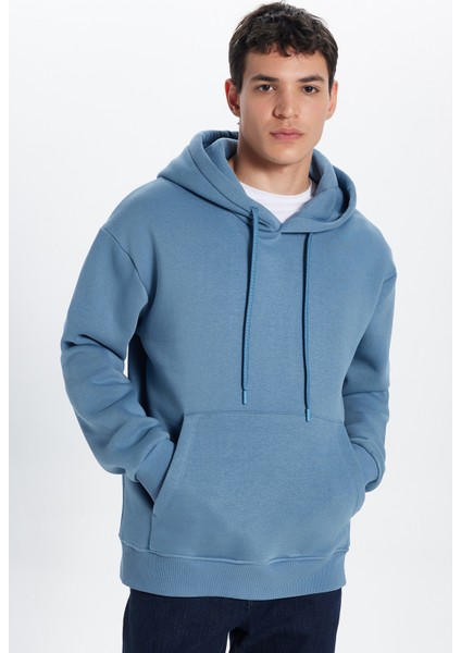 Unisex Oversize Geniş Kesim Pamuklu Yumuşak Dokulu İçi Polarlı Basic İndigo Kapüşonlu Sweatshirt
