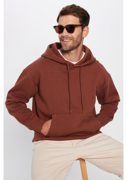 Unisex Oversize Geniş Kesim Pamuklu Yumuşak Dokulu İçi Polarlı Basic Kahverengi Kapüşonlu Sweatshirt