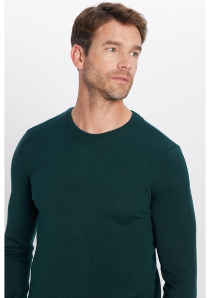 Erkek Standart Fit Normal Kesim Bisiklet Yaka Yeşil Triko Kazak