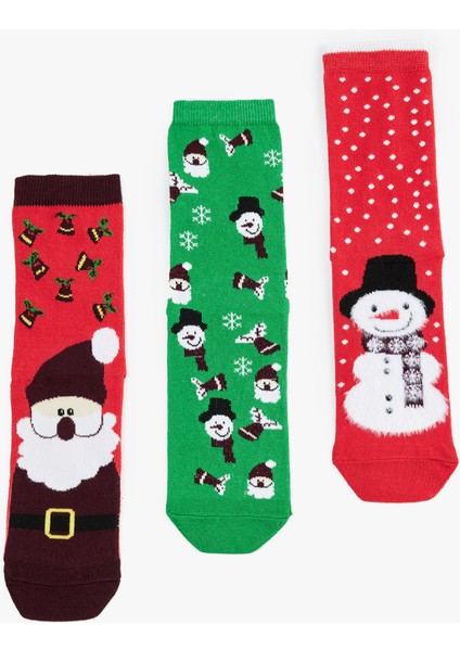 Çok Renkli Pamuklu Soket 3'lü Yılbaşı Çorabı Seti