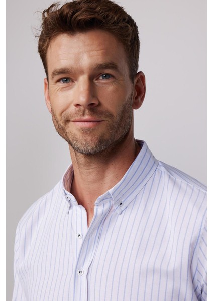 Slim Fit Uzun Kollu Çizgili Yaka Düğmeli Erkek Gömlek