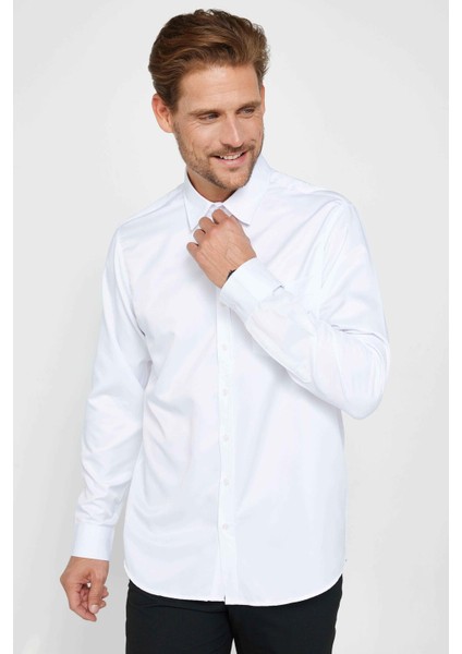 Erkek Regular Fit Klasik Kesim Kolay Ütü Nefes Alan Doku Kravatlık Dört Mevsim Beyaz Gömlek
