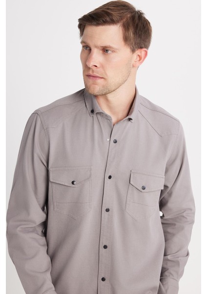 Erkek Regular Fit Rahat Kesim Çift Cepli Spor Yaka Denim Gri Gömlek