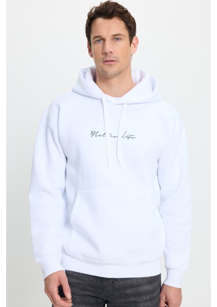 Unisex Oversize Geniş Kesim Pamuklu Yumuşak Dokulu İçi Polarlı Baskılı Beyaz Kapüşonlu Sweatshirt