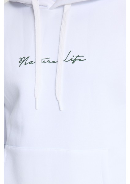 Unisex Oversize Geniş Kesim Pamuklu Yumuşak Dokulu İçi Polarlı Baskılı Beyaz Kapüşonlu Sweatshirt