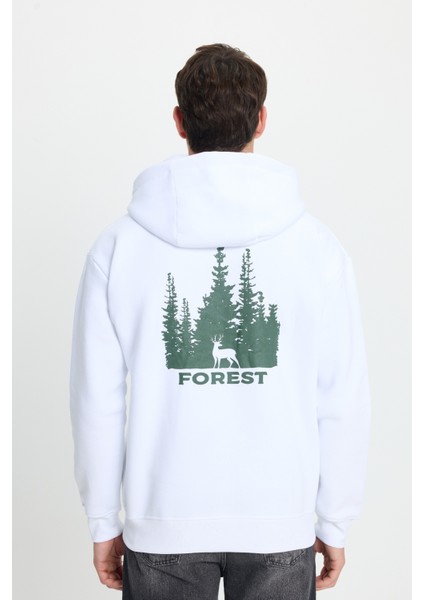 Unisex Oversize Geniş Kesim Pamuklu Yumuşak Dokulu İçi Polarlı Baskılı Beyaz Kapüşonlu Sweatshirt