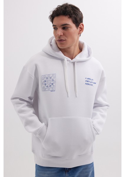 Unisex Oversize Geniş Kesim Pamuklu Yumuşak Dokulu İçi Polarlı Baskılı Beyaz Kapüşonlu Sweatshirt