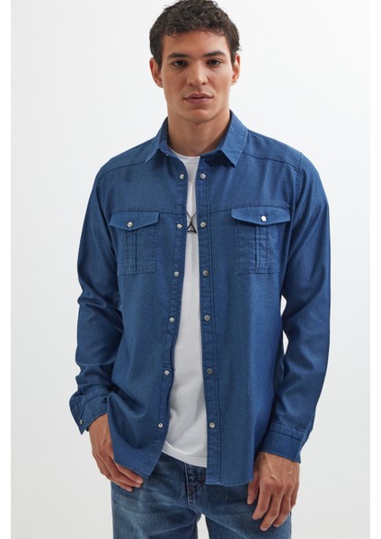 Slim Fit Uzun Kollu Spor Yaka Yıkamalı Çift Cepli Armürlü Denim Kot Indigo Erkek Gömlek