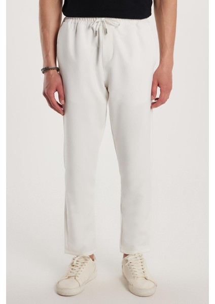 Erkek Regular Fit Beli Lastikli Bağcıklı Jogger Beyaz Pantolon Rahat Kesim Yan Cepli