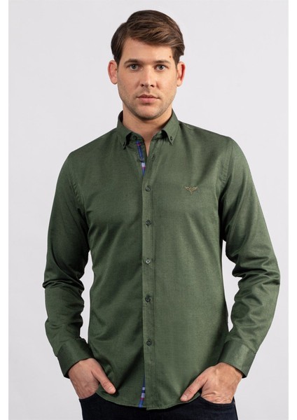 Erkek Slim Fit Dar Kesim Uzun Kollu Pamuklu Oxford Doku Kolay Ütülenebilir Yeşil Düğmeli Yaka Gömlek