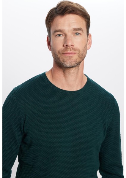 Erkek Standart Fit Normal Kesim Bisiklet Yaka Petek Desenli Yeşil Triko Kazak