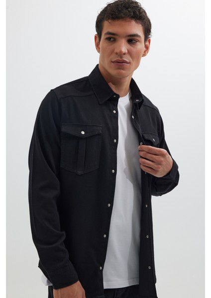 Slim Fit Uzun Kollu Dar Kesim Denim Kot Çift Cepli Spor Yaka Erkek Siyah Gömlek