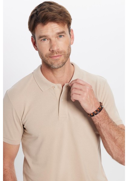 Erkek Slim Fit Dar Kesim Pamuklu Yumuşak Dokulu Serin Tutan Kumaş Düz Pike Taş Renk Polo Yaka Tişört