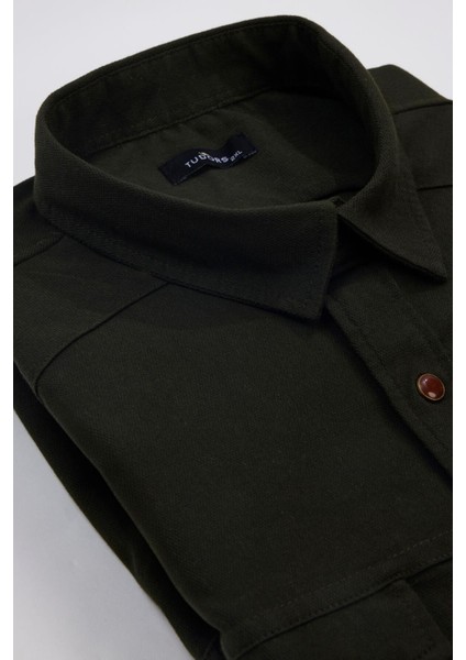 Erkek Big Size Büyük Beden Uzun Kollu Denim Kot Yıkamalı Çift Cepli Armürlü Haki Gömlek