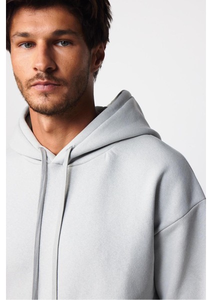 Unisex Oversize Geniş Kesim Pamuklu Yumuşak Dokulu Içi Polarlı Basic Taş Renk Kapüşonlu Sweatshirt