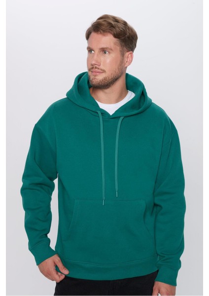 Unisex Oversize Geniş Kesim Pamuklu Yumuşak Dokulu Içi Polarlı Basic Yeşil Kapüşonlu Sweatshirt