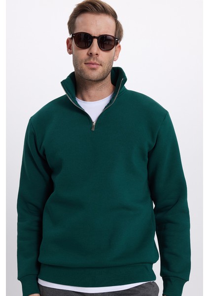 Unisex Relax Fit Rahat Kesim Pamuklu Içi Polarlı Yarım Fermuarlı Haki Dik Yaka Sweatshirt