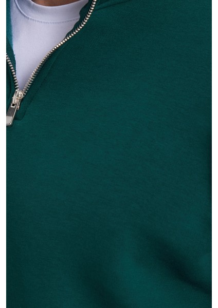 Unisex Relax Fit Rahat Kesim Pamuklu Içi Polarlı Yarım Fermuarlı Haki Dik Yaka Sweatshirt