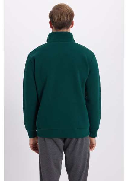 Unisex Relax Fit Rahat Kesim Pamuklu Içi Polarlı Yarım Fermuarlı Haki Dik Yaka Sweatshirt