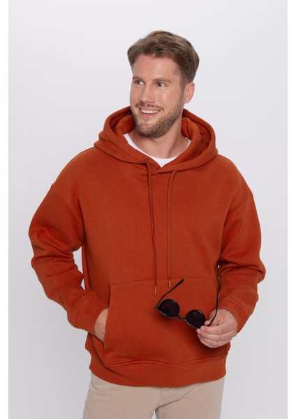 Unisex Oversize Geniş Kesim Pamuklu Yumuşak Dokulu Içi Polarlı Basic Kiremit Renk Kapüşonlu Sweatshi