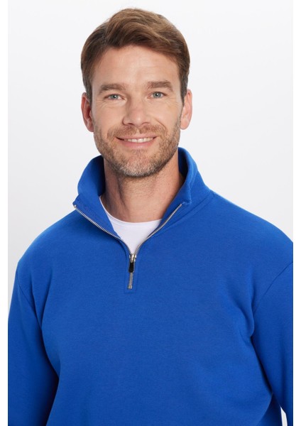 Unisex Relax Fit Rahat Kesim Pamuklu İçi Polarlı Yarım Fermuarlı Sax Mavi Dik Yaka Sweatshirt