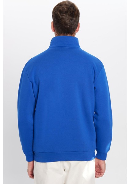 Unisex Relax Fit Rahat Kesim Pamuklu İçi Polarlı Yarım Fermuarlı Sax Mavi Dik Yaka Sweatshirt