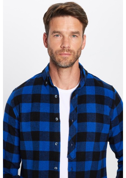 Erkek Slim Fit Dar Kesim Oduncu Düğmeli Yaka Kareli Kışlık Gömlek