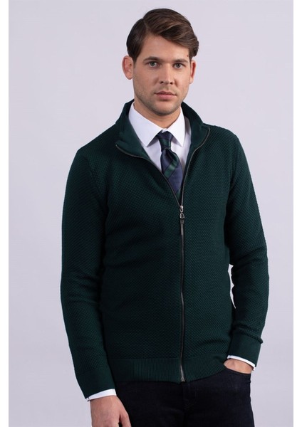 Erkek Standart Fit Normal Kesim Desenli Yarım Balıkçı Yaka Fermuarlı Yeşil Hırka