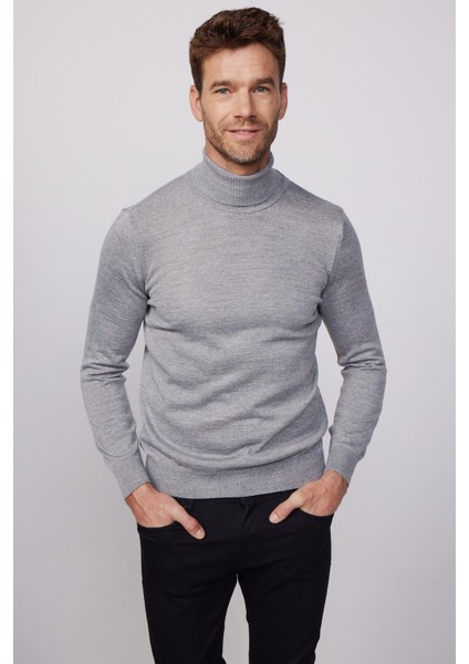 Erkek Slim Fit Dar Kesim Tam Balıkçı Yaka Düz Yün Gri Triko Kazak