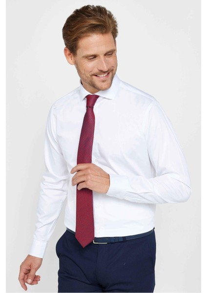 Slım Fıt Uzun Kollu Yüksek Yaka Premium Seri Cotton Saten Beyaz Gömlek