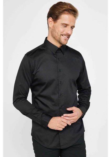 Slım Fıt Uzun Kollu %100 Koton Saten Premium Erkek Siyah Gömlek