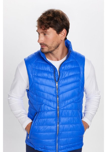 Erkek Standart Fit Dik Yaka Cepli Fermuarlı Saks Mavi Şişme Yelek