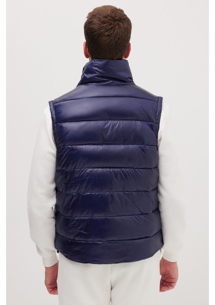 Erkek Standart Fit Dik Yaka Cepli Fermuarlı Lacivert Şişme Yelek