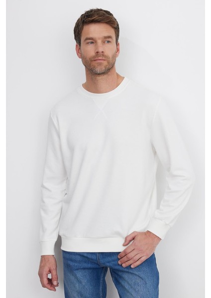 Unisex Relax Fit Rahat Kesim %100 Pamuk Basic Beyaz Bisiklet Yaka Sweatshirt