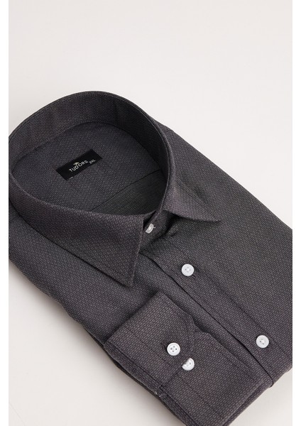 Erkek Big Size Büyük Beden Kolay Ütü Kravatlık Armürlü Pamuklu Gri Gömlek