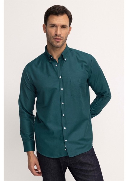 Erkek Regular Fit Klasik Kesim Oxford Doku Yaka Düğmeli Cepli Nakışlı Yeşil Gömlek