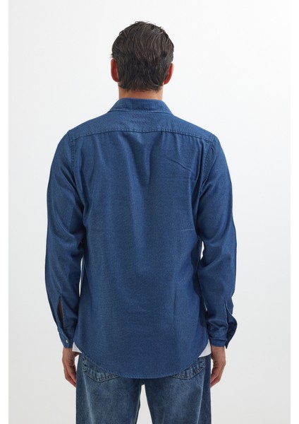 Slim Fit Uzun Kollu Spor Yaka Yıkamalı Çift Cepli Armürlü Denim Kot Indigo Erkek Gömlek