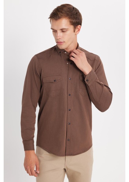 Erkek Regular Fit Rahat Kesim Çift Cepli Spor Yaka Denim Kahverengi Gömlek