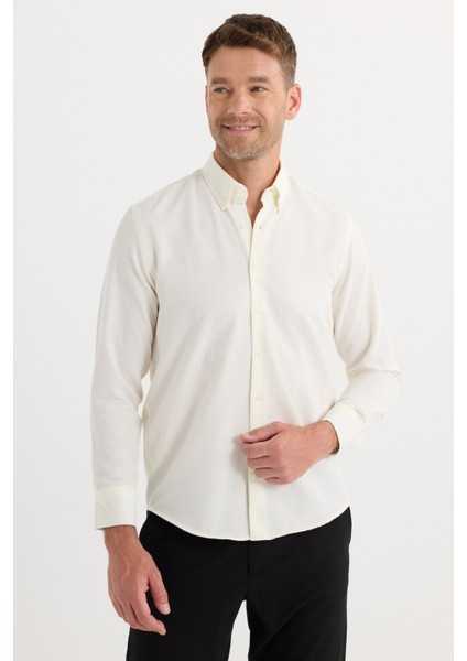 Regular Fit Düğmeli Yaka Pamuklu Kolay Ütü Oxford Düz Erkek Ekru Gömlek