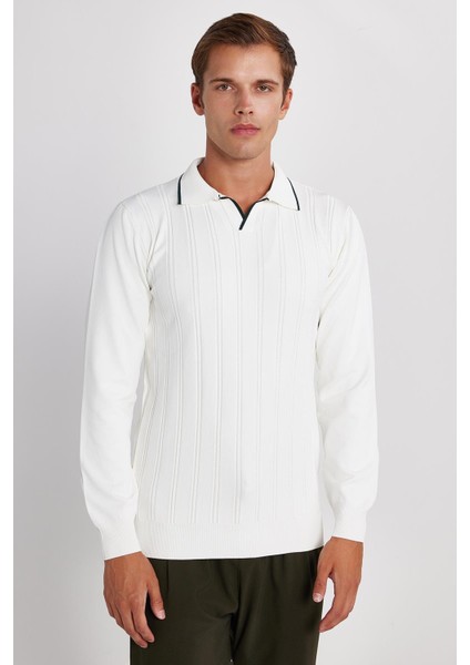 Erkek Slim Fit Dar Kesim Çizgi Detaylı Beyaz Polo Yaka Kazak