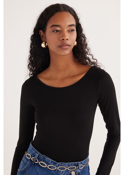 Kadın Slim Fit Dar Kesim Uzun Kollu Viskon Siyah Bluz