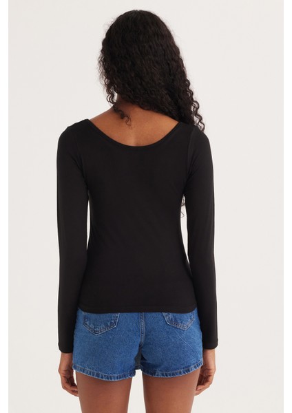 Kadın Slim Fit Dar Kesim Uzun Kollu Viskon Siyah Bluz