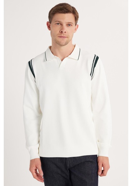 Erkek Slim Fit Dar Kesim Uzun Kol Polo Yaka Çizgili Beyaz Kazak