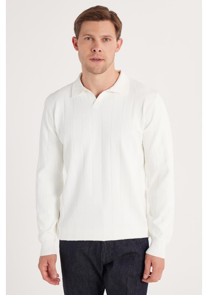 Erkek Slim Fit Dar Kesim Uzun Kol Polo Yaka Çizgili Beyaz Kazak