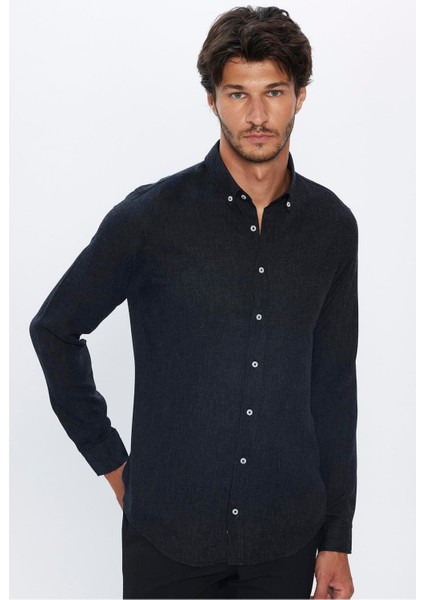 Slim Fit Uzun Kollu Düğmeli Yaka Kışlık Yün Viskon Düz Gömlek