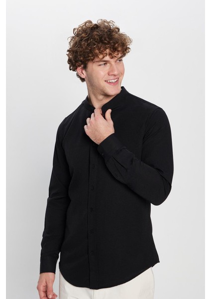 Erkek Slim Fit Dar Kesim Pamuklu Kolay Ütü Siyah Hakim Yaka Gömlek