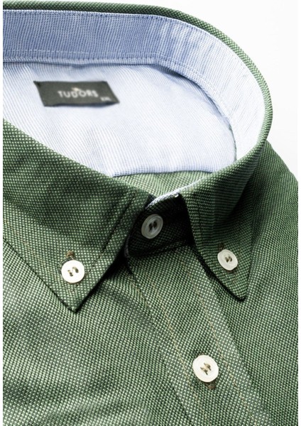 Büyük Beden Uzun Kollu Düğmeli Yaka Armürlü Oxford Yeşil Erkek Gömlek
