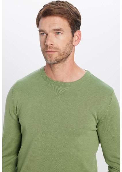 Erkek Standart Fit Normal Kesim Bisiklet Yaka Yeşil Triko Kazak
