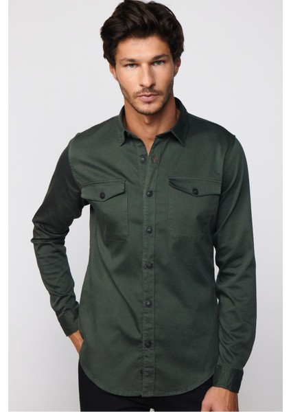 Slım Fit Uzun Kollu Düz Denim Kot Cepli Gabardin Erkek Haki Gömlek